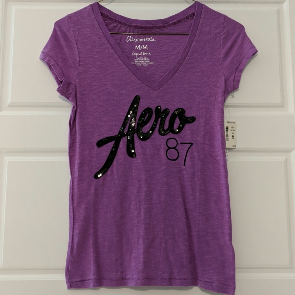 Aeropostale Purple Sequin Logo Graphic Tee